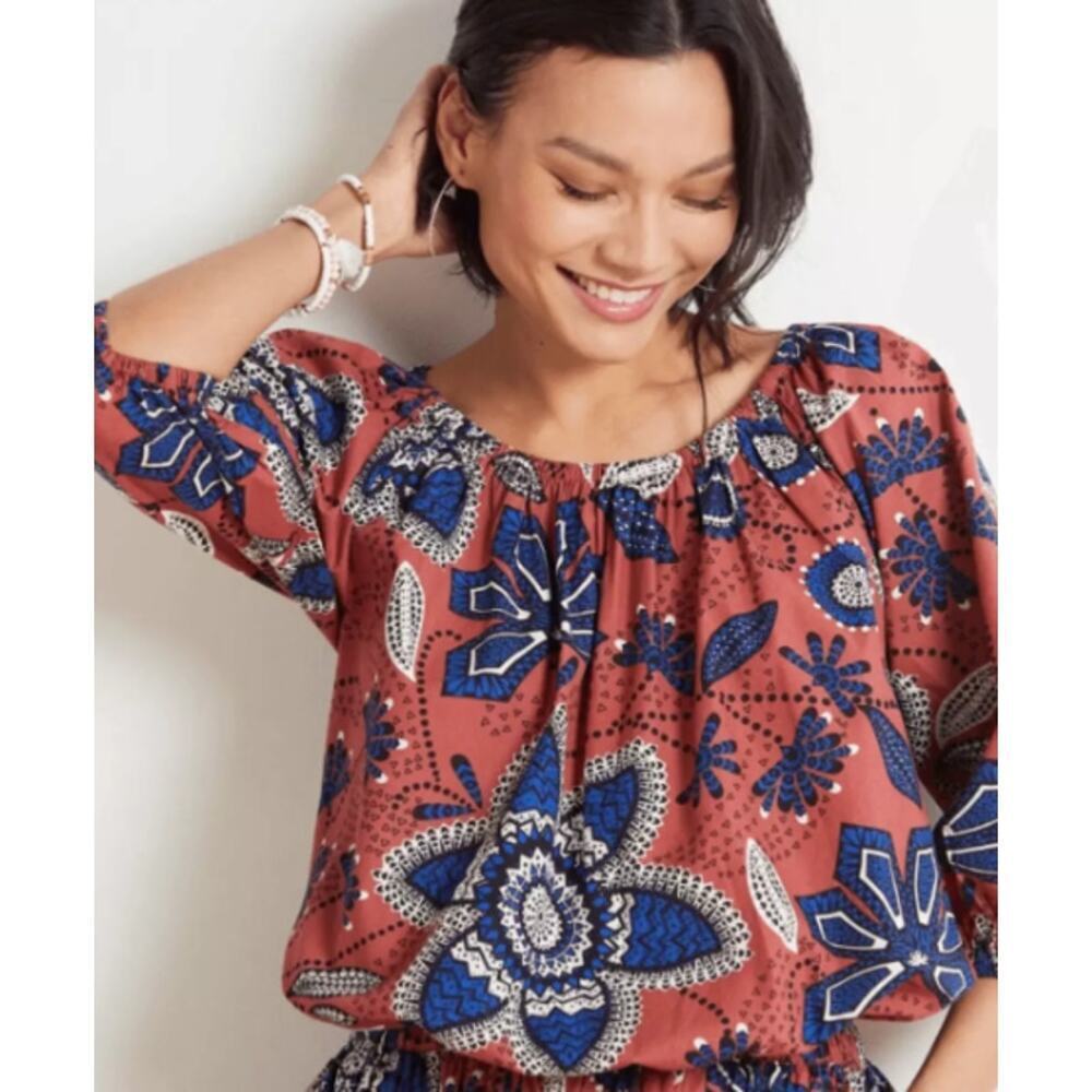 Sundry 1/Small Exploded Floral Top Blouse Rust Blue Toggle 3/4 Sleeves